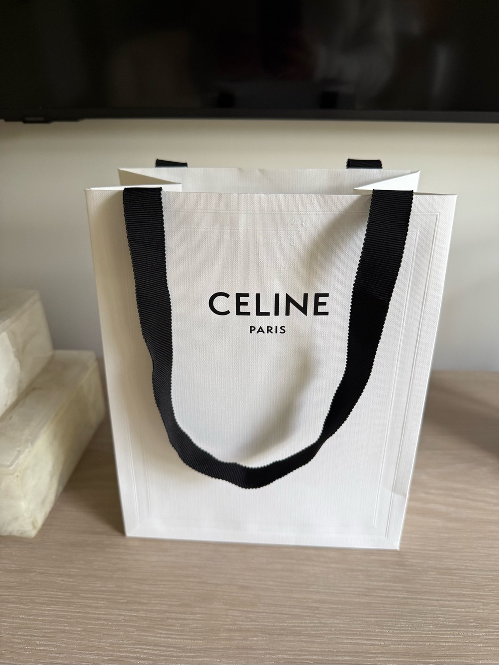 Celine White Tote with Black Ribbon Handles